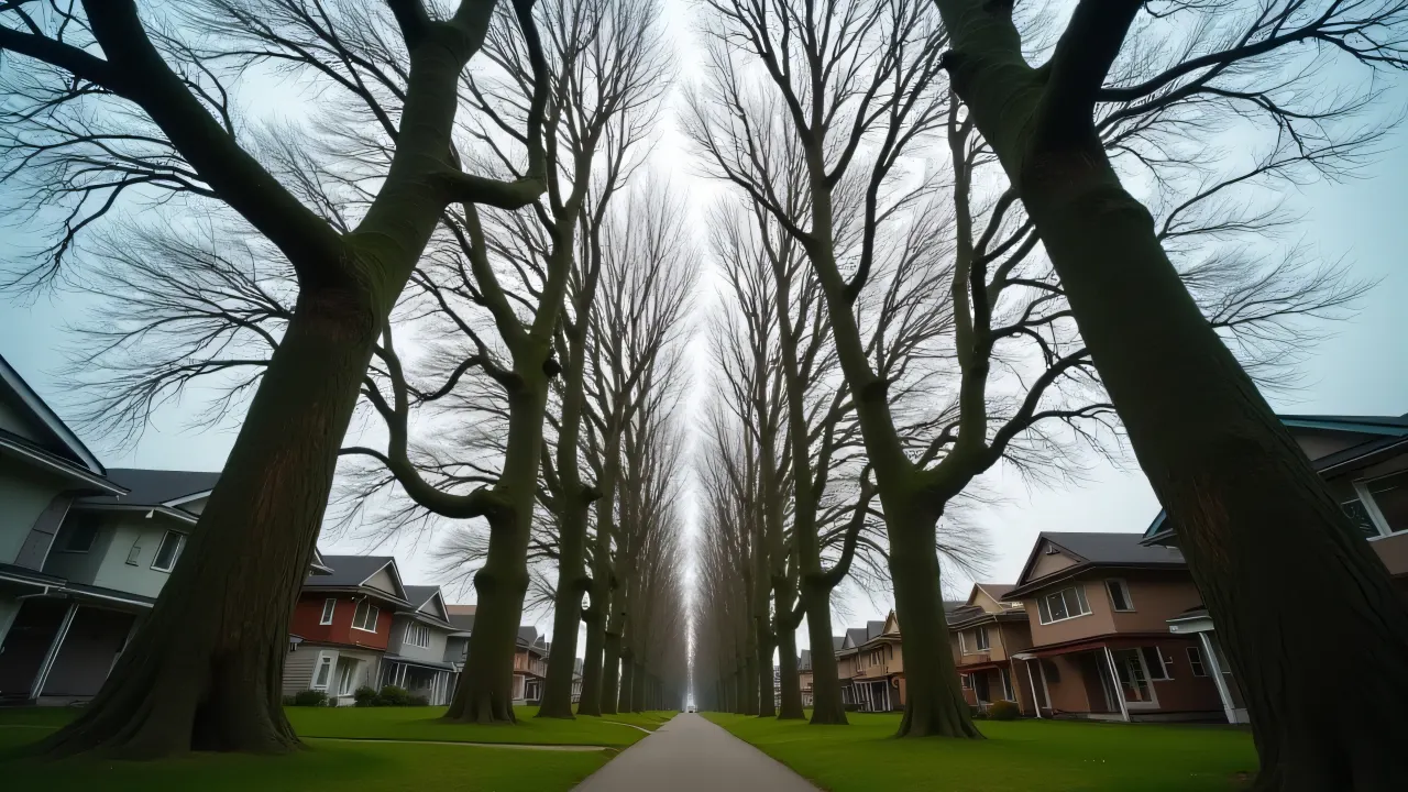 Low-angle view of tall trees above modest houses with a soft sky.