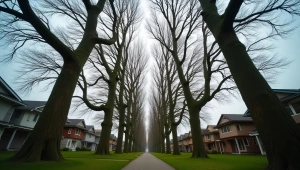 Tall Trees Overlooking Modest Houses Perspective