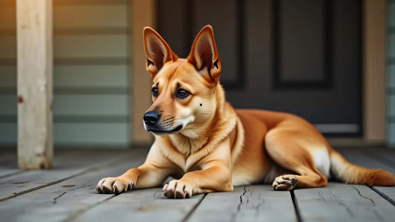 Short-coated tan dog lounging on a rustic wooden porch in warm afternoon light.