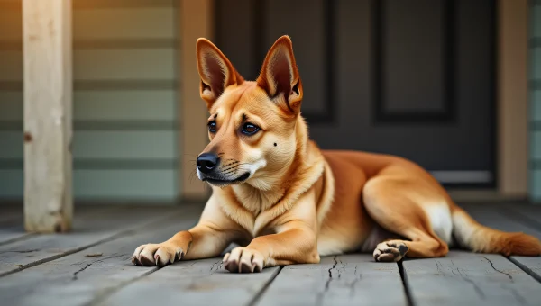 Tan Dog Relaxing On Weathered Porch In Sunlight