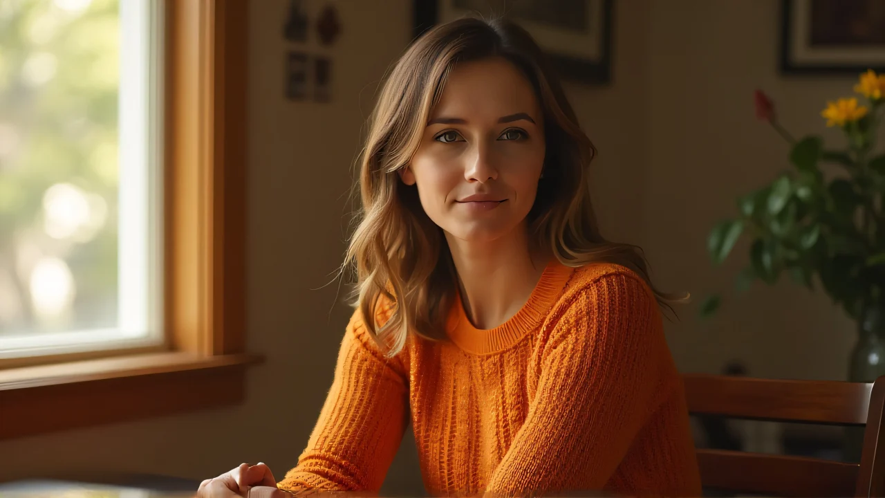 A figure dressed in a tangerine knit sweater sits gracefully on a wooden chair, illuminated by natural sunlight.