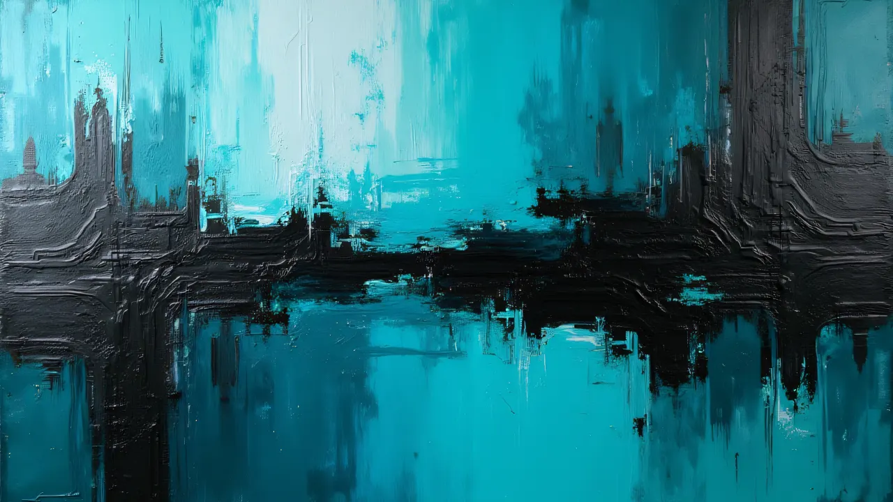 An abstract painting featuring teal and black colors with bold strokes and geometric shapes.
