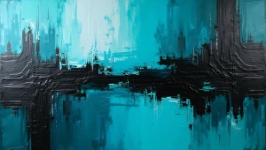 Teal And Black Abstract Painting With Bold Strokes