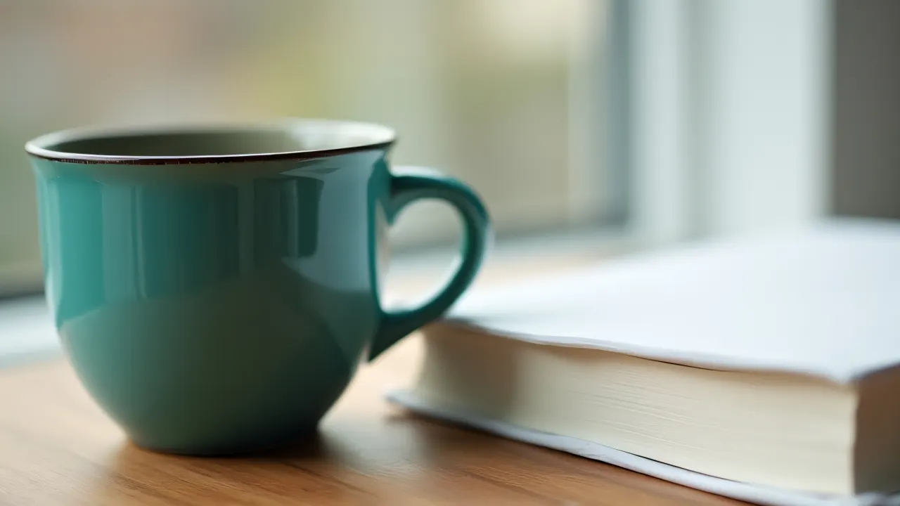 Teal ceramic mug next to a closed white paperback on a wooden table in soft light.