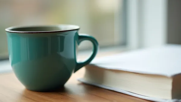Teal Ceramic Mug And White Paperback On Table