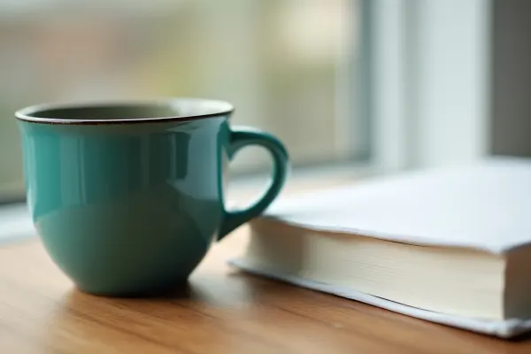 Teal Ceramic Mug And White Paperback On Table