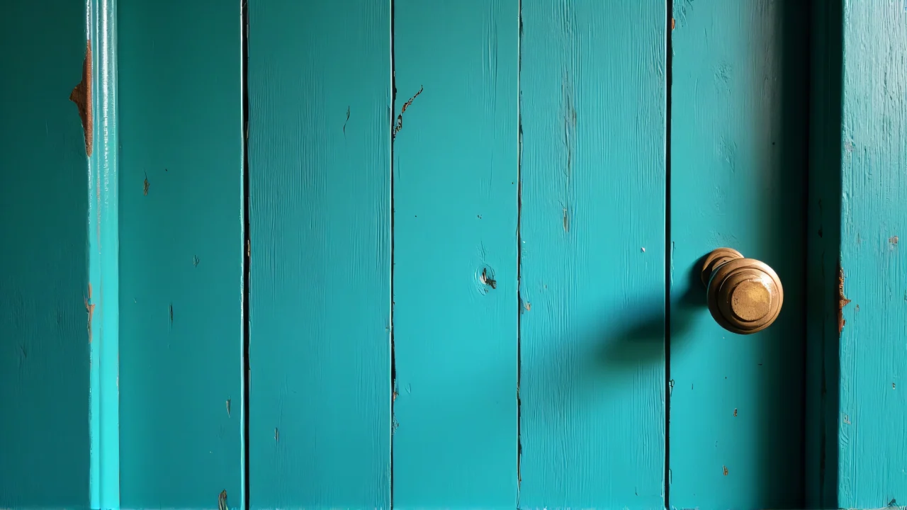 Close-up of an aged teal wooden panel door with brass knob.