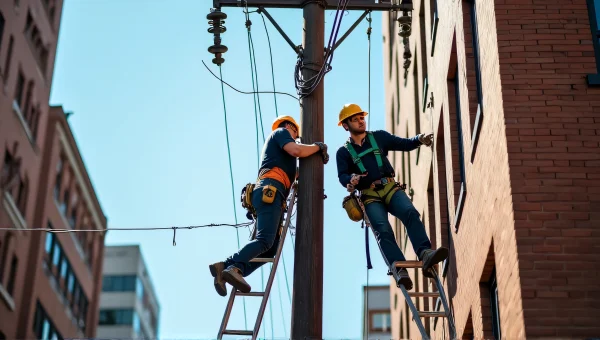 Technicians Repairing Electric Cables Near Building