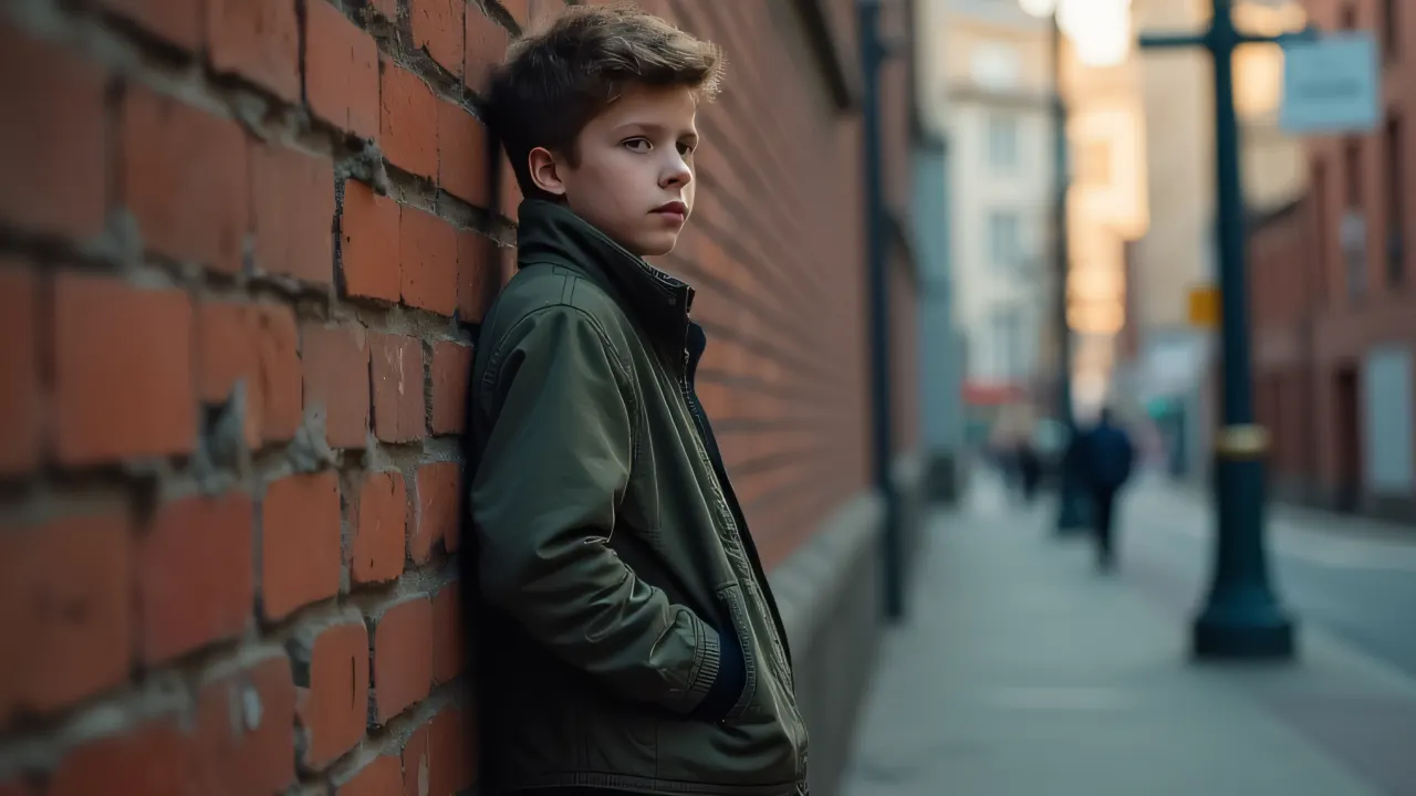 Teenage boy in an urban alley leaning against a brick wall.