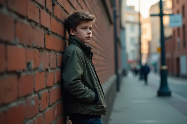 Teenage Boy Urban Alley Leaning Against Wall