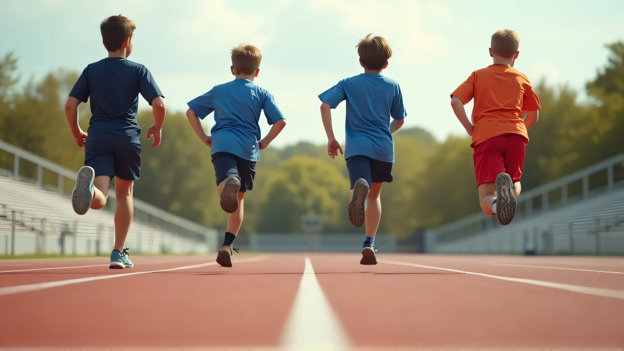 Four teenage boys running fast on a track during the day.