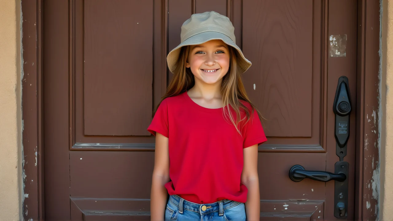 Full-body portrait of a teenage girl wearing a bucket hat and casual outfit against a wooden door.