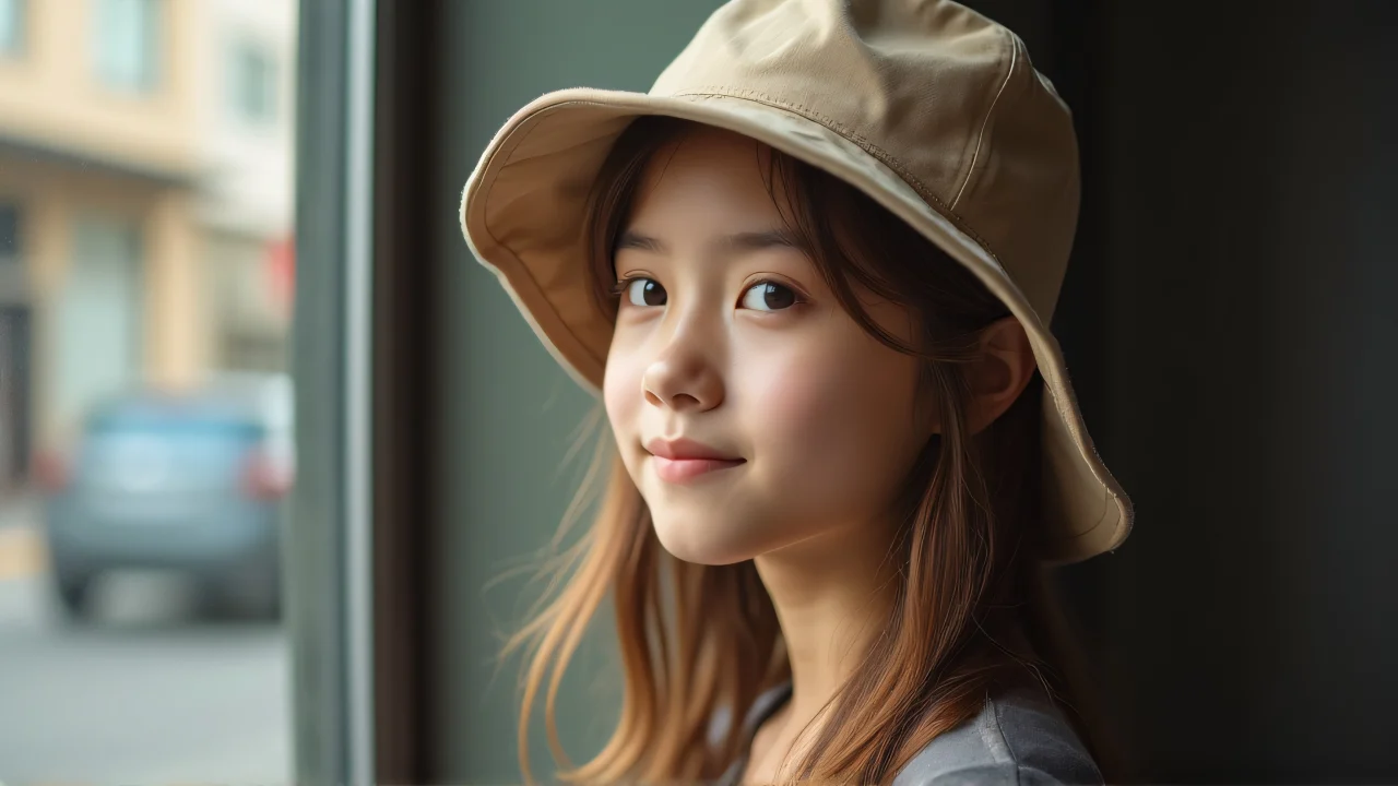 A teenage girl in a bucket hat poses candidly with natural light.