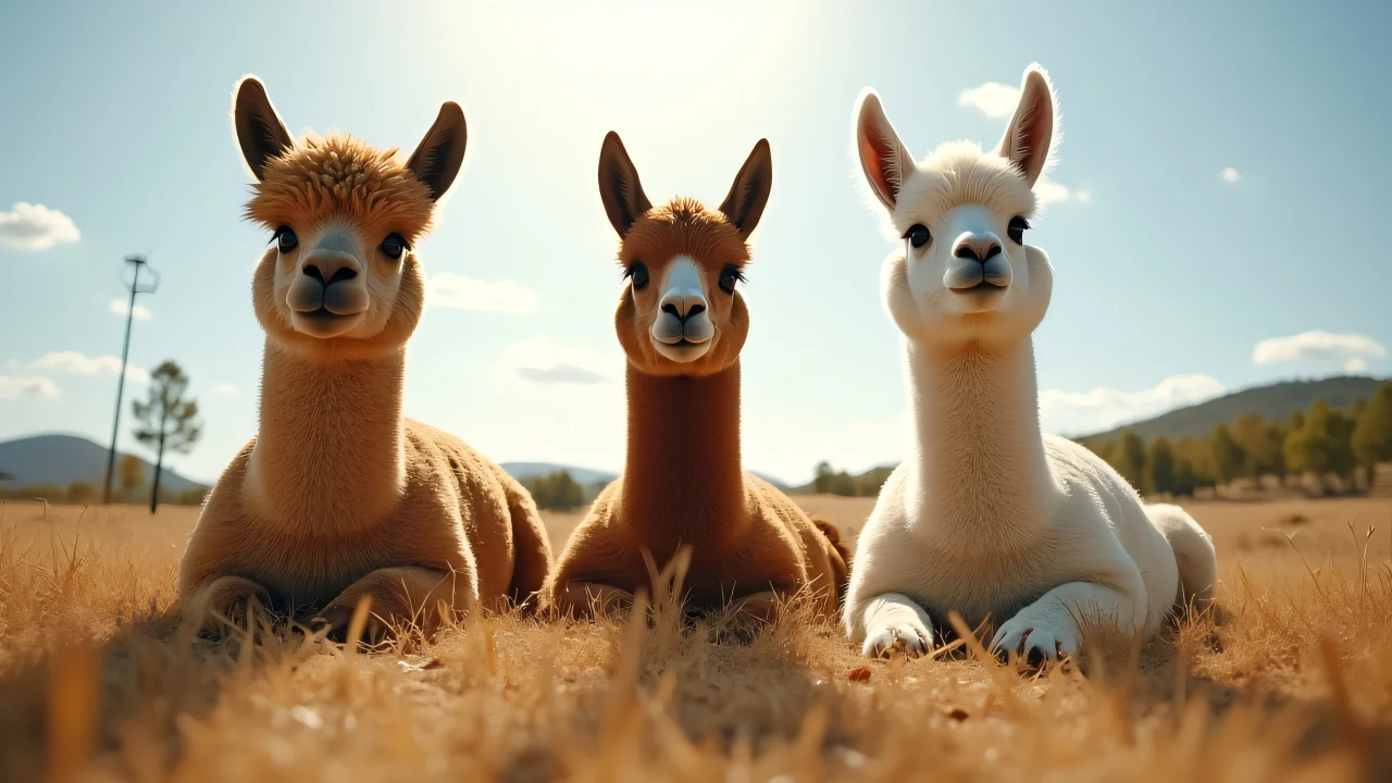 Three alpacas lounging on dry grass under bright midday light.
