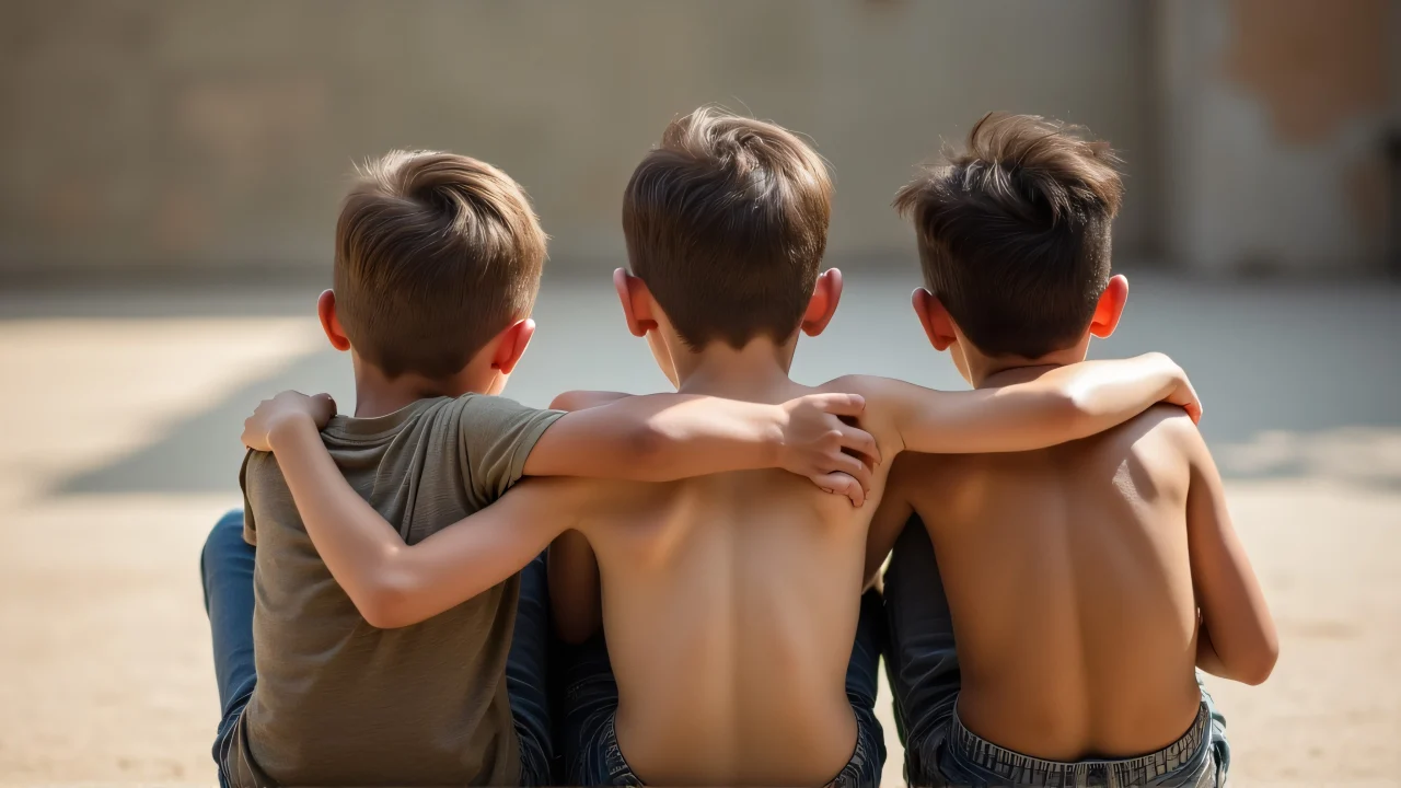 Three boys sitting together outdoors with arms around each other in a friendly pose.