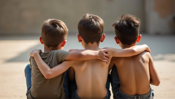 Three Boys Friends Embracing Outdoors Portrait