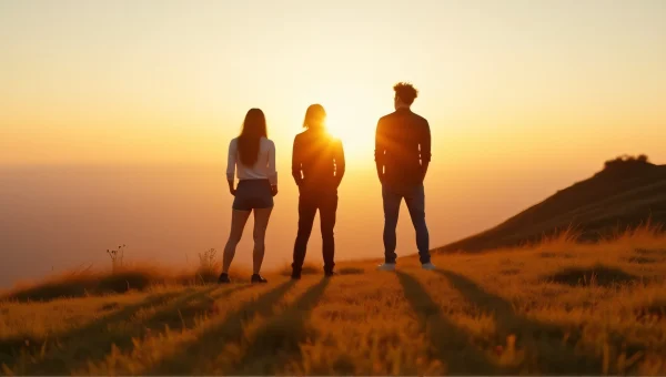 Three Friends Posing Outdoors on Grassy Hill