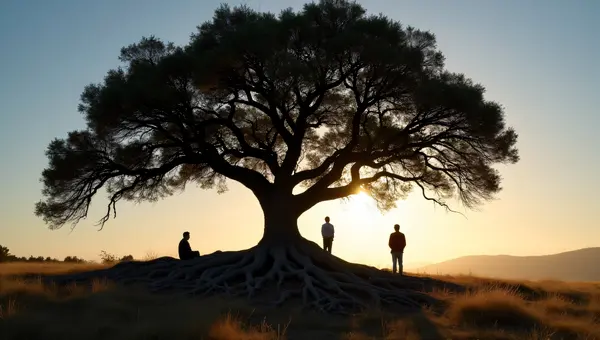 Three Friends Relaxing Under Oak Tree At Dusk