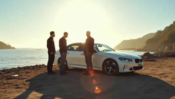 Three Men by White Sedan on Rocky Shoreline