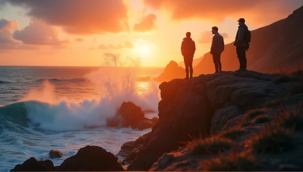 Three Men Silhouetted on Windswept Cliff at Sunset