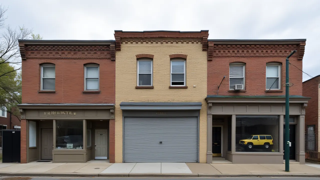 Frontal view of a three-storey brick building with garage and shuttered windows on an overcast day.