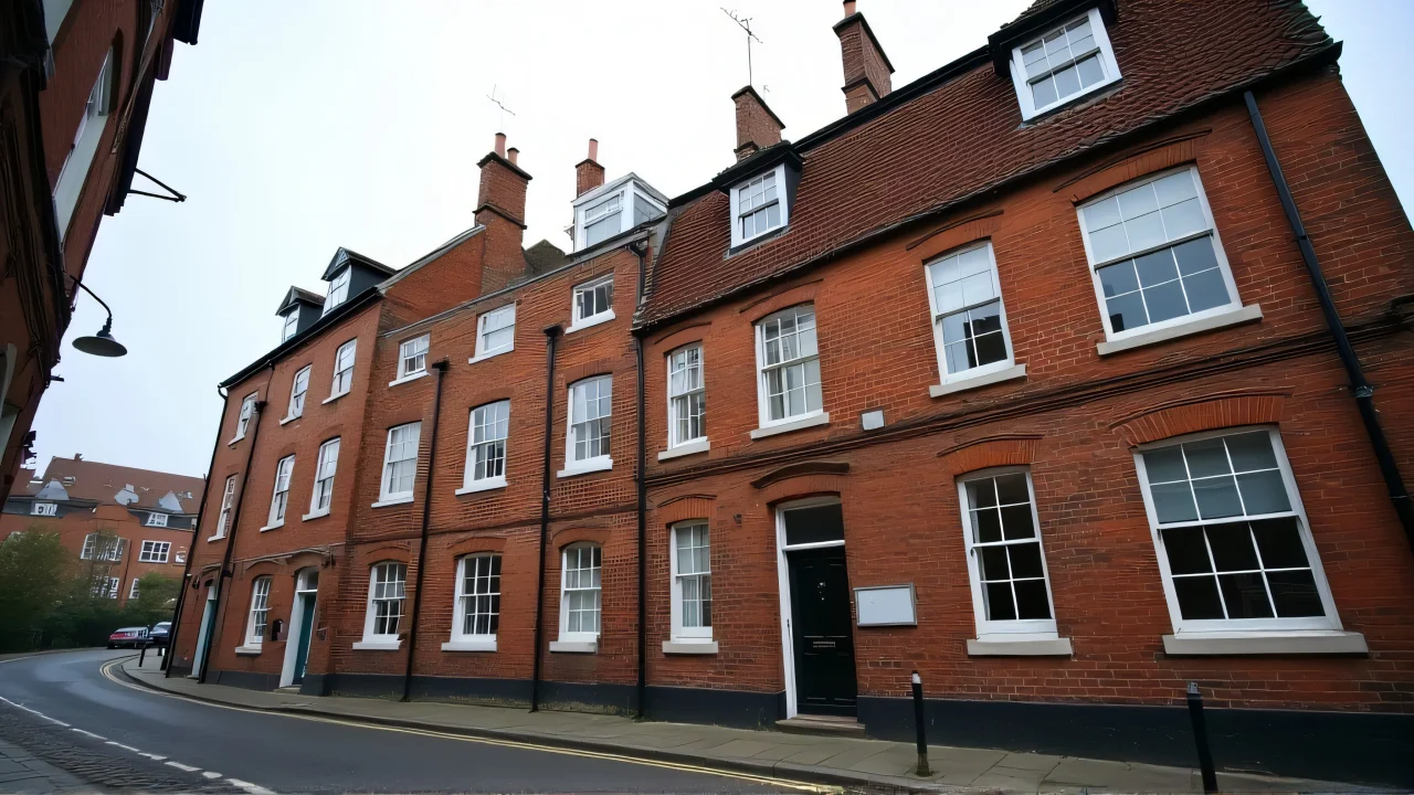 Low-angle view of three brick buildings beside a cobblestone street under an overcast sky.