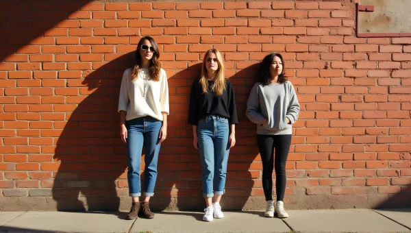 Three Women Candidly Posing By Sunlit Brick Wall