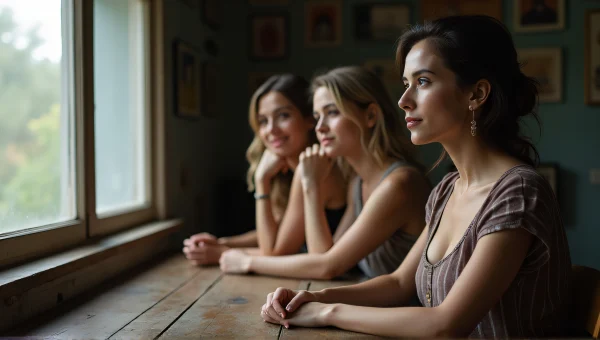 Three Women Enjoying Conversation At Wooden Table