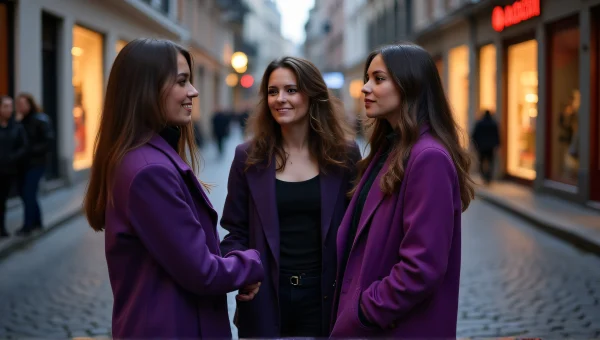 Three Women Interacting on Cobblestone Street at Dusk