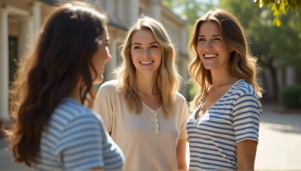 Three Women Interacting In Sunlit Courtyard