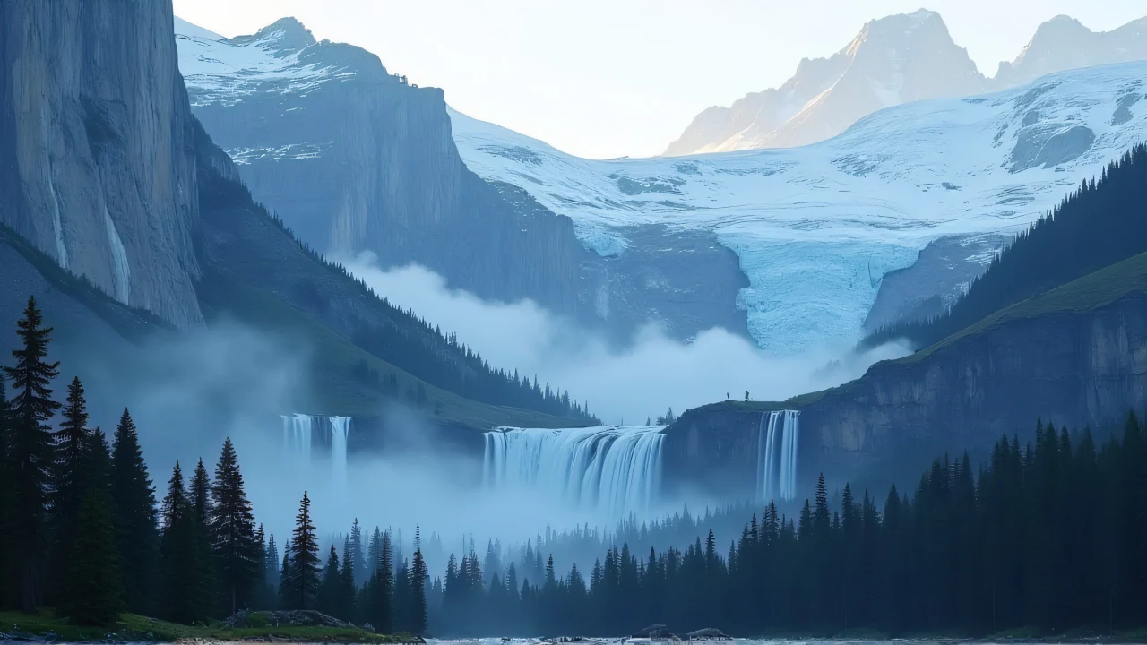 Multiple tiered waterfalls flow down glacier-carved cliffs surrounded by conifer trees.