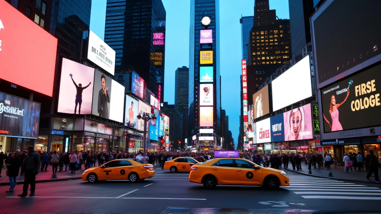 A crowded Times Square in NYC at dusk with yellow taxis and vibrant billboards.