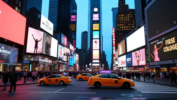 Times Square NYC Dusk Crowded Plaza with Taxis