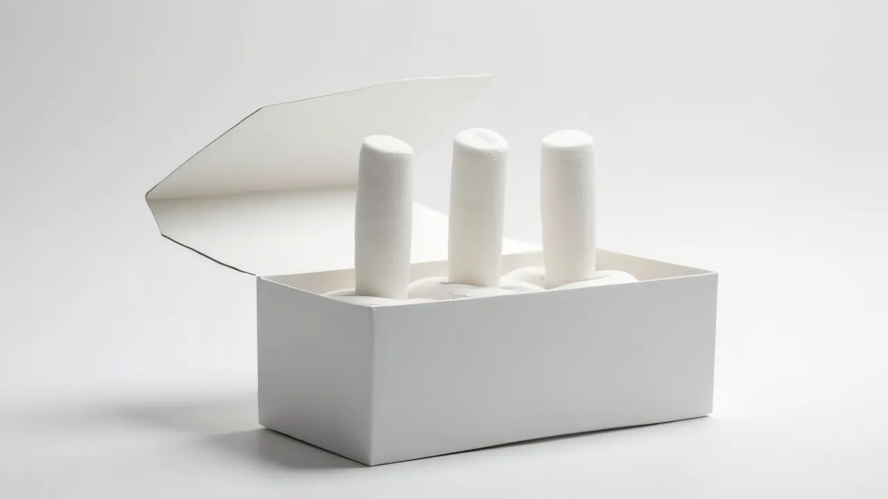 Close-up of an opened tissue box with visible finger cots on a white surface.