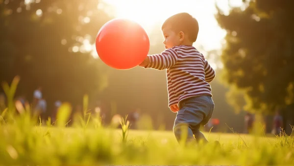 Toddler Chasing Red Balloon In Sunlit Park