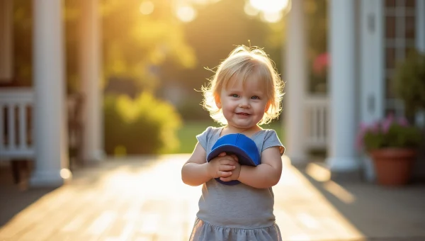 Toddler Girl Clutching Blue Cap On Porch