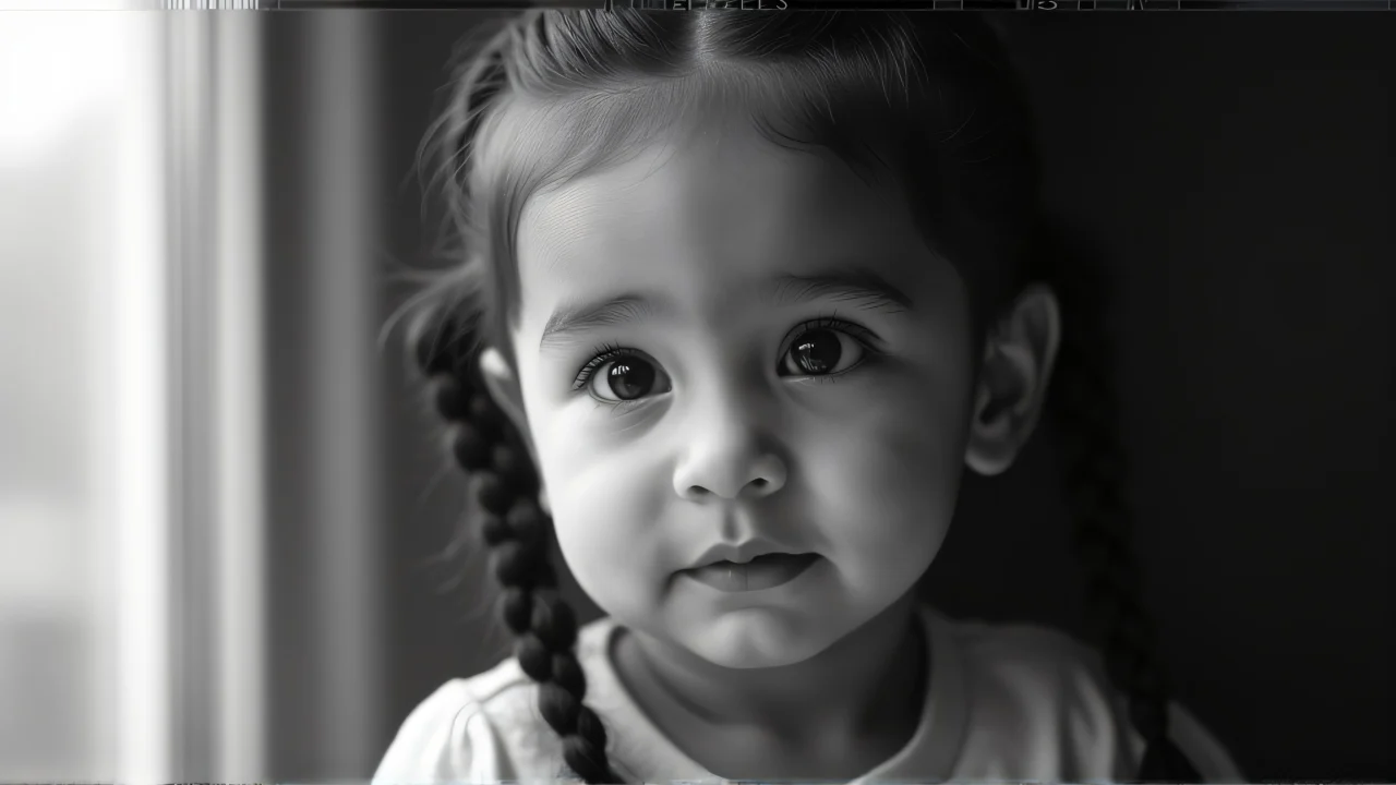 Close-up of a toddler with braided hair in soft light.