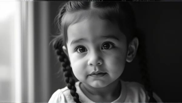 Toddler Portrait with Braided Hair in Grayscale