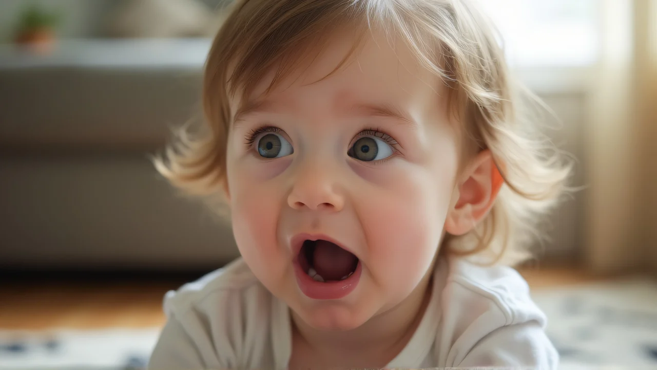 A toddler with wide eyes and an open mouth showing shock, sitting on a patterned rug in soft daylight.