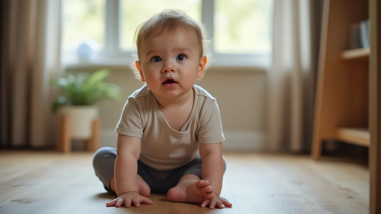 A toddler sits on a wooden floor, illuminated by soft natural light.