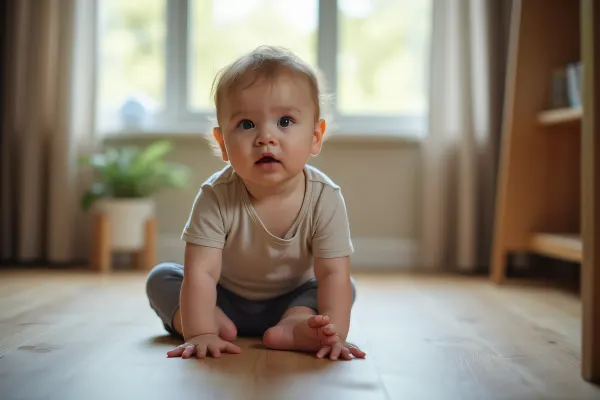 Toddler Sitting on Wooden Floor with Natural Light