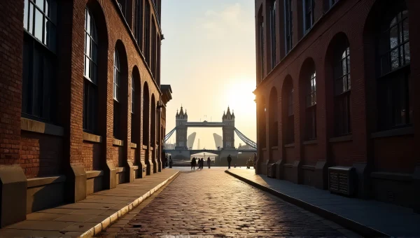 Tower Bridge Framed By Brick Buildings At Dawn