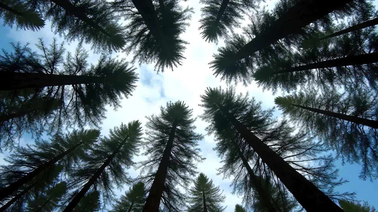 Low-angle view of conifer trees under a patchy sky.