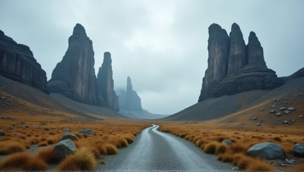 Towering Rock Formations Under Overcast Sky