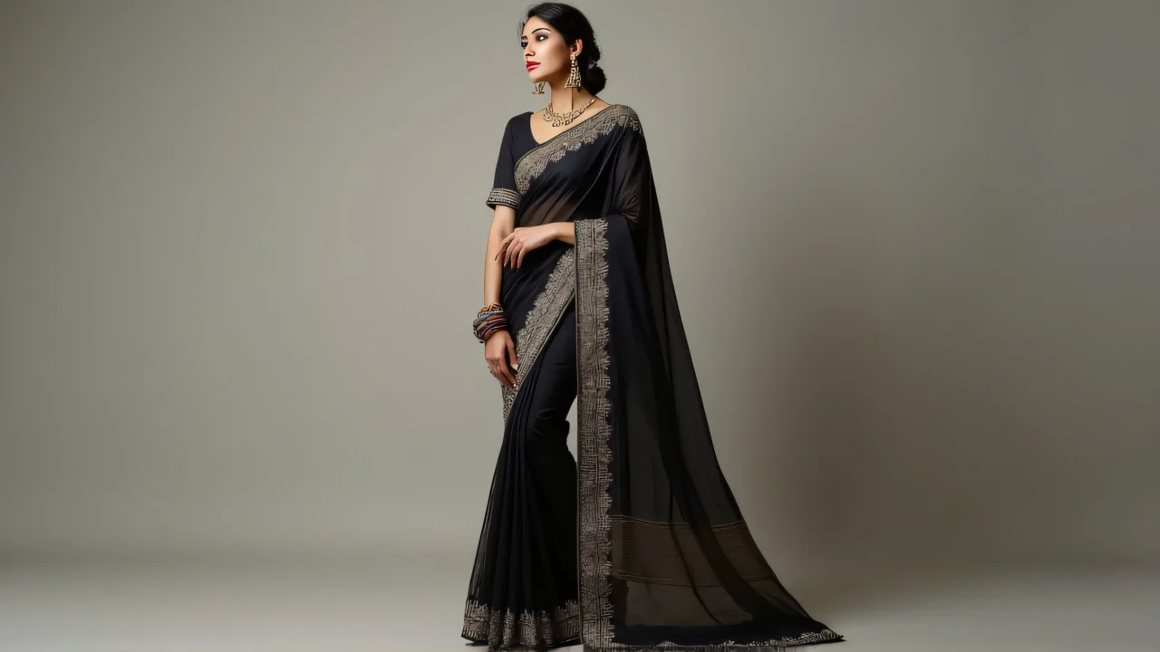 Full-length portrait of a woman in traditional Indian sari with subtle embroidery, showcasing elegance and culture.