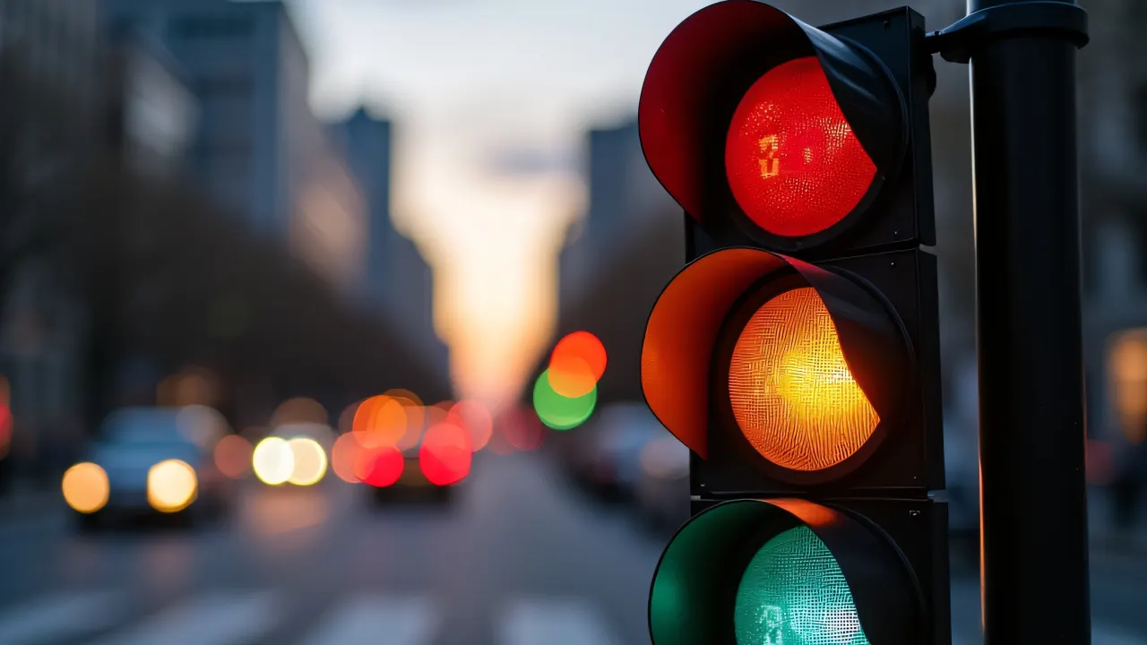 Close-up view of an illuminated traffic light at dusk with passing cars in a blurred city background.