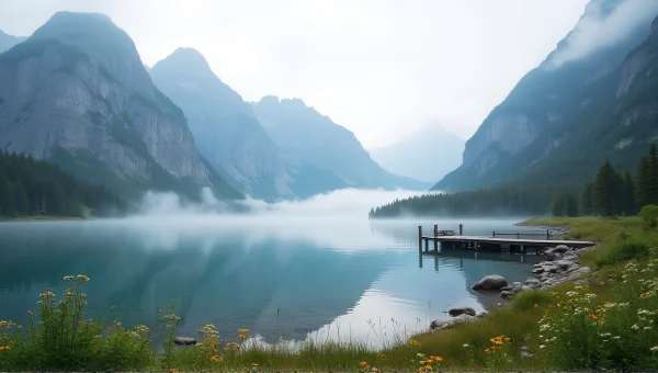 Tranquil Alpine Lake With Wildflowers And Mountains