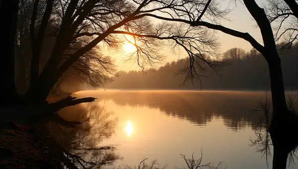 Tranquil Lake Silhouettes of Trees at Dusk