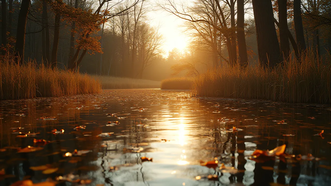 A tranquil pond framed by tall trees under warm golden-hour light.