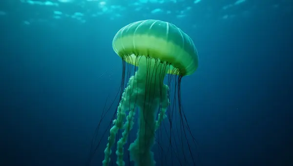 Translucent Green Jellyfish in Deep Blue Ocean